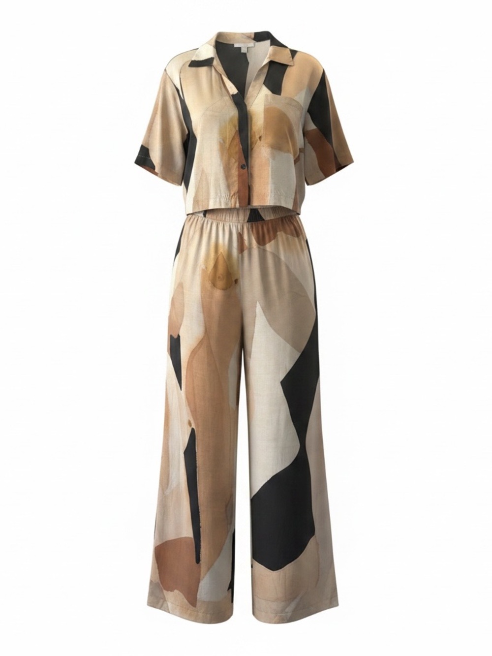 lunya Abstract Neutral Button-Front Wide-Leg Jumpsuit in Beige & Black